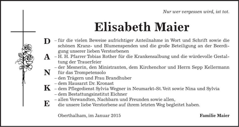 Traueranzeige Elisabeth Maier