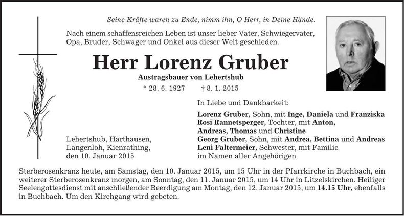 Traueranzeige Lorenz Gruber