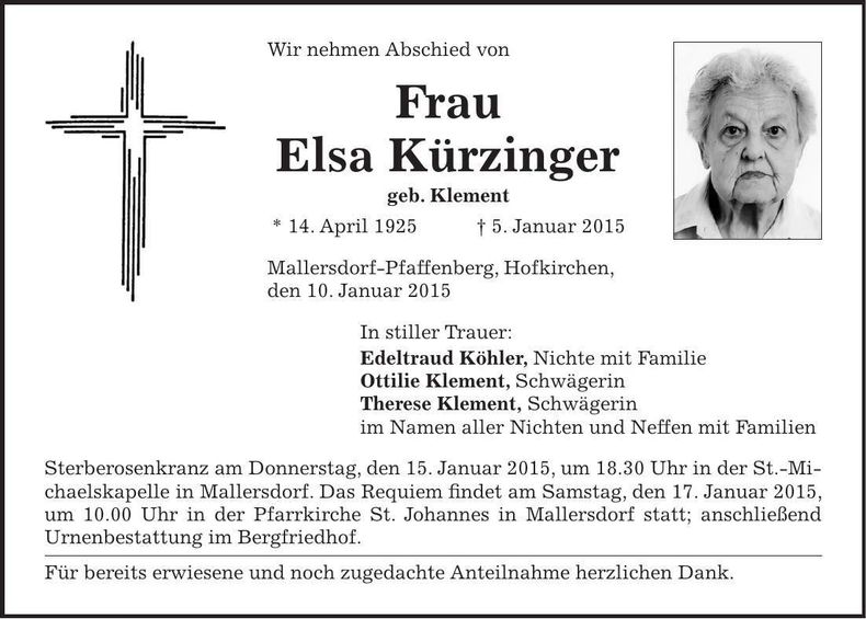 Traueranzeige Elsa Kürzinger
