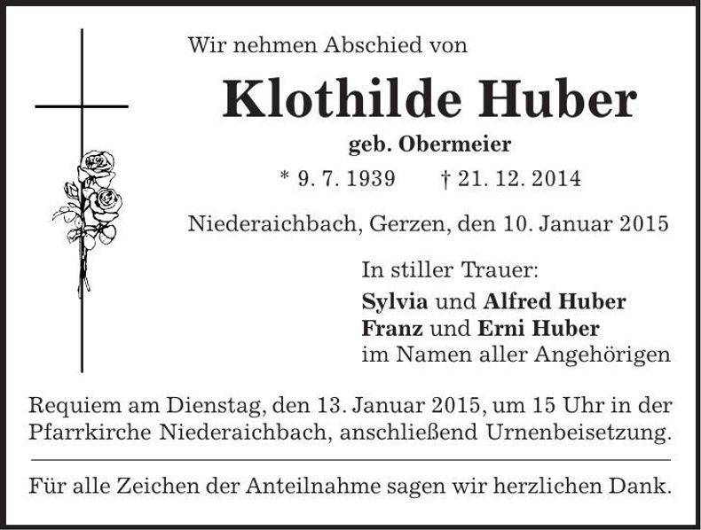 Traueranzeige Klothilde Huber