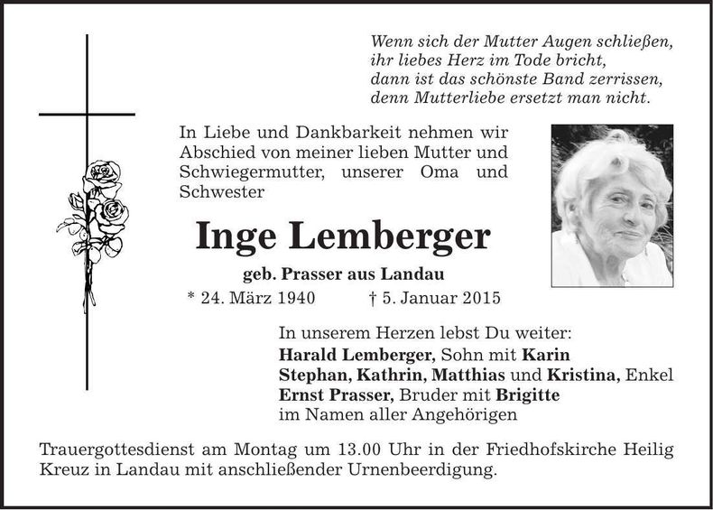 Traueranzeige Inge Lemberger