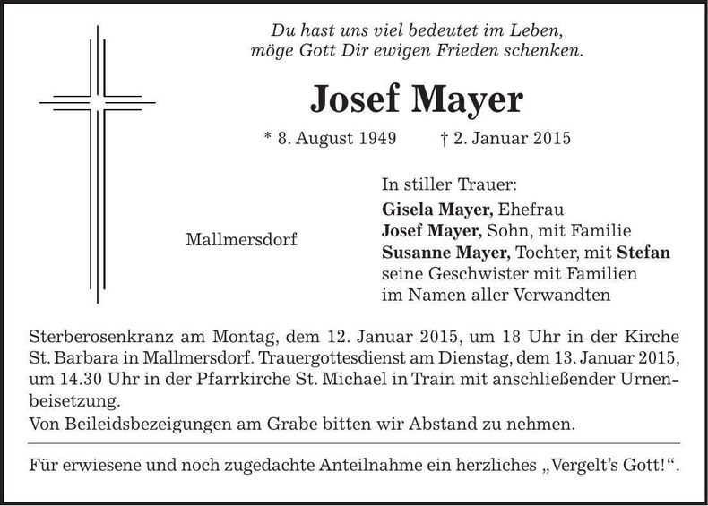 Traueranzeige Josef Mayer