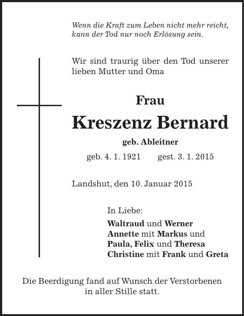 Traueranzeige Kreszenz Bernard