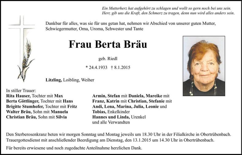 Traueranzeige Berta Bräu