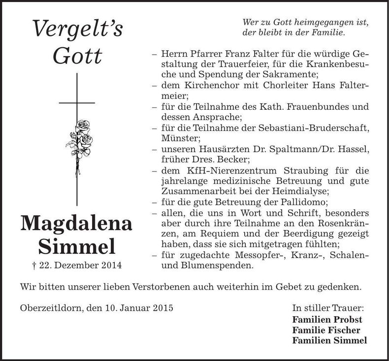 Traueranzeige Magdalena Simmel