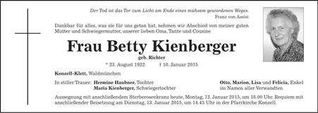 Traueranzeige Betty Kienberger