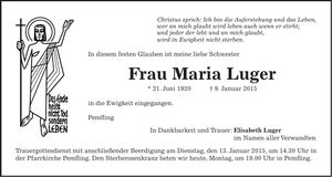 Traueranzeige Maria Luger