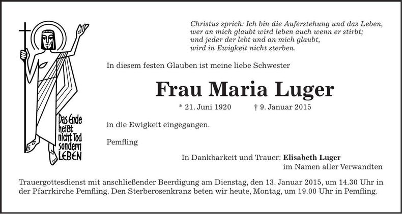 Traueranzeige Maria Luger