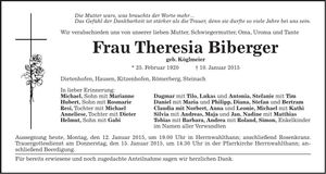 Traueranzeige Theresia Biberger