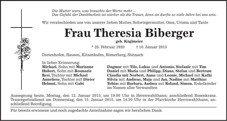 Traueranzeige Theresia Biberger
