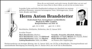 Traueranzeige Anton Brandstetter