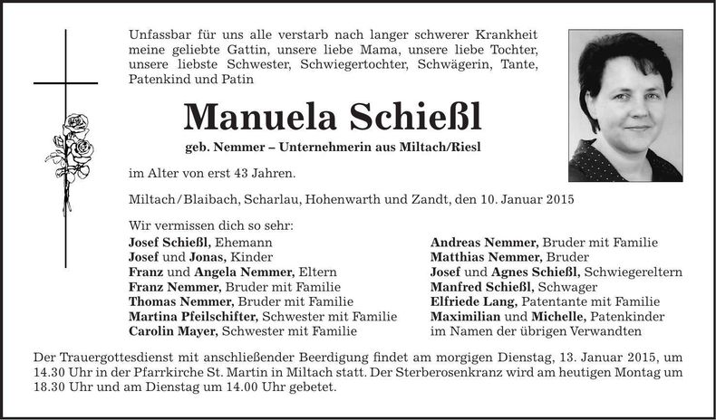 Traueranzeige Manuela Schießl