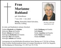 Traueranzeige Marianne Ruhland