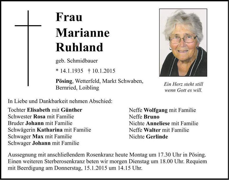 Traueranzeige Marianne Ruhland