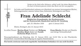 Traueranzeige Adelinde Schlecht