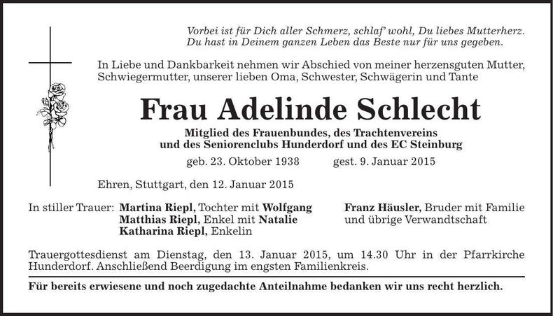 Traueranzeige Adelinde Schlecht