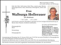 Traueranzeige Walburga Hollerauer