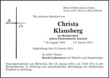 Traueranzeige Christa Klausberg