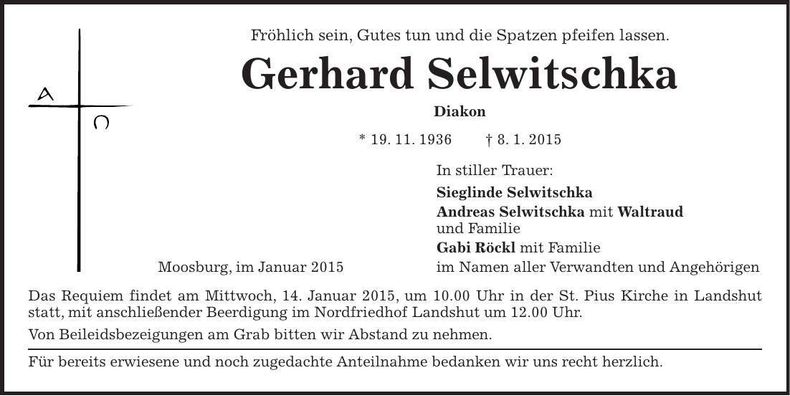 Traueranzeige Gerhard Selwitschka