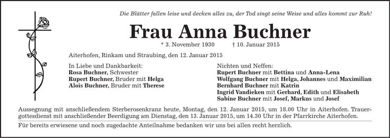 Traueranzeige Anna Buchner