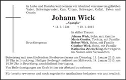 Traueranzeige Johann Wick