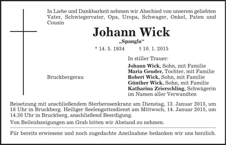 Traueranzeige Johann Wick