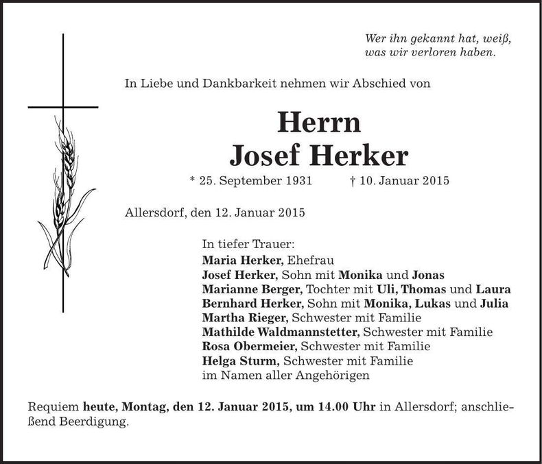 Traueranzeige Josef Herker