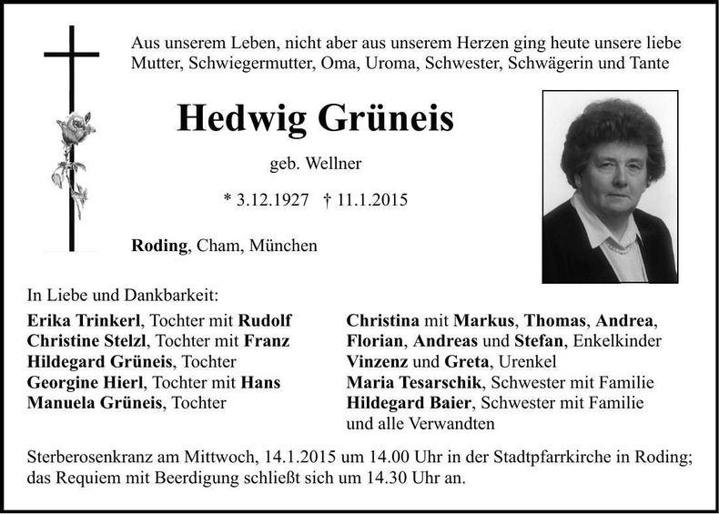 Traueranzeige Hedwig Grüneis