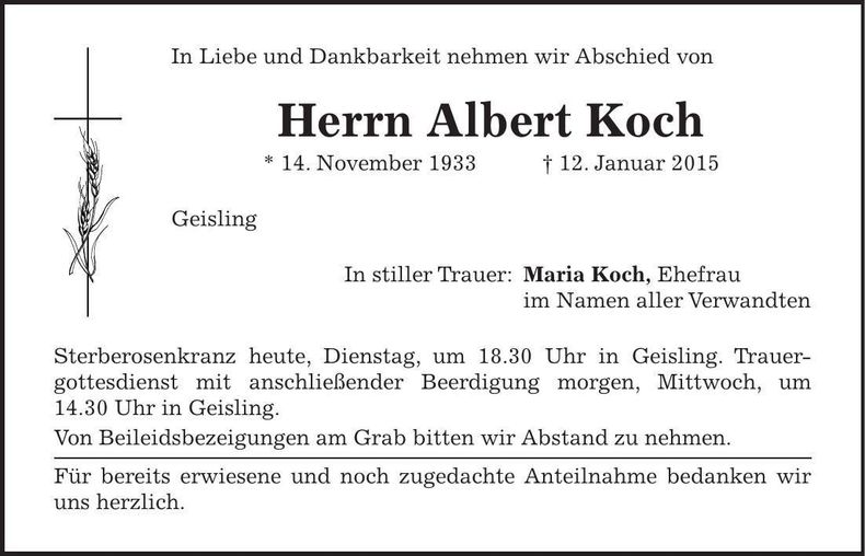 Traueranzeige Albert Koch