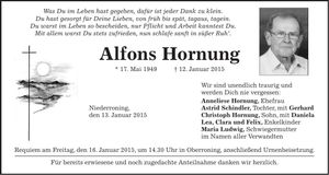 Traueranzeige Alfons Hornung