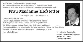 Traueranzeige Marianne Hofstetter