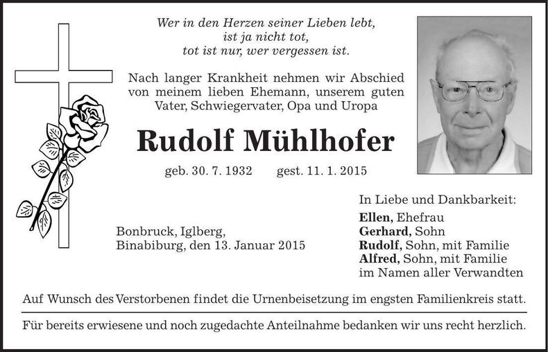 Traueranzeige Rudolf Mühlhofer