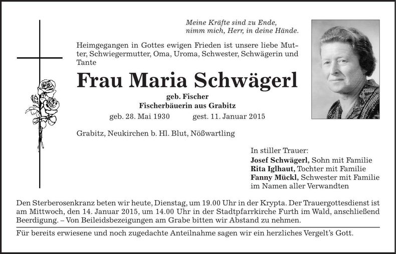 Traueranzeige Maria Schwägerl