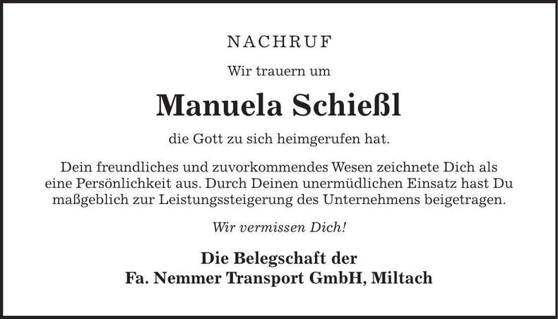 Traueranzeige Manuela Schießl