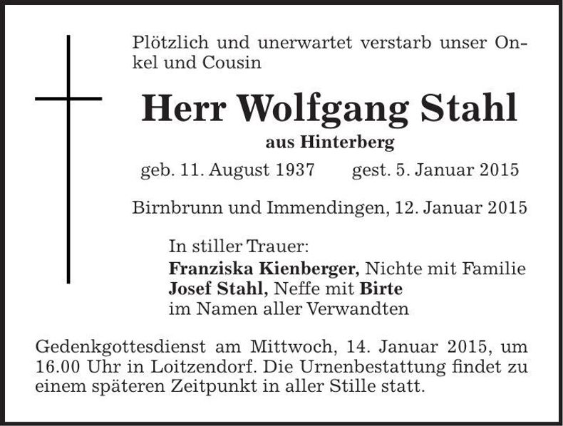 Traueranzeige Wolfgang Stahl