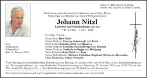 Traueranzeige Johann Nitzl