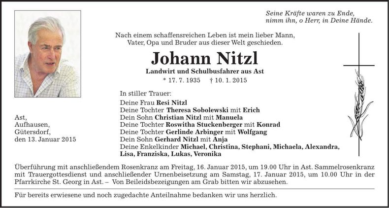 Traueranzeige Johann Nitzl