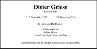 Traueranzeige Dieter Griese