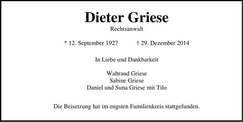 Traueranzeige Dieter Griese