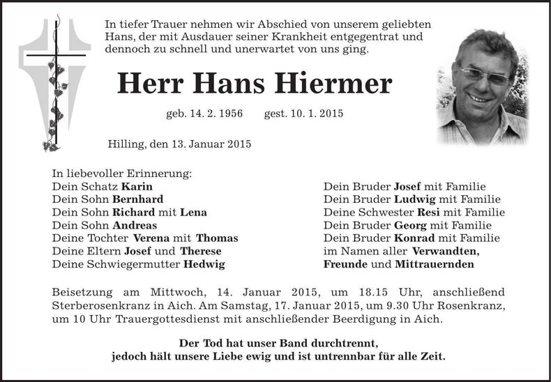 Traueranzeige Hans Hiermer