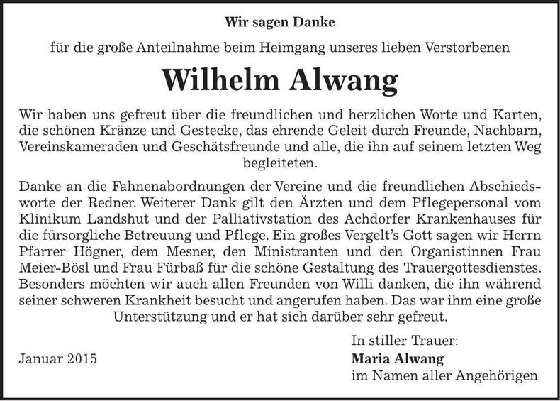 Traueranzeige Wihelm Alwang