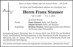 Traueranzeige Franz Stauner