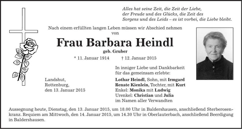 Traueranzeige Barbara Heindl