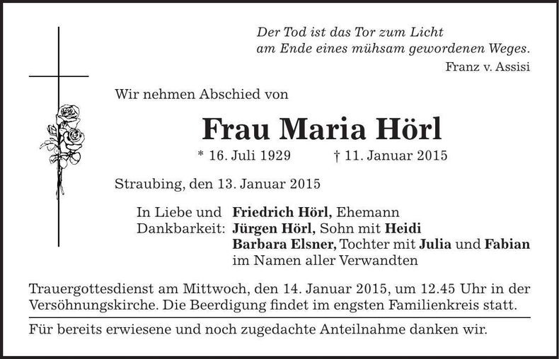 Traueranzeige Maria Hörl