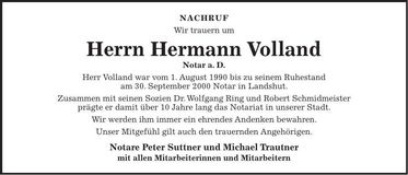Traueranzeige Hermann Volland