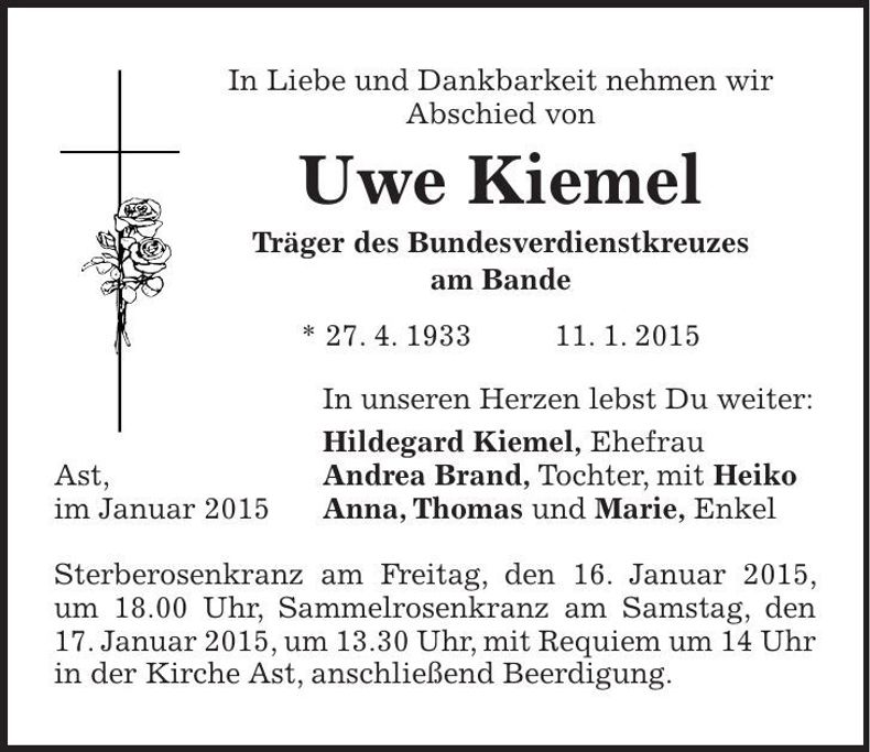 Traueranzeige Uwe Kiemel