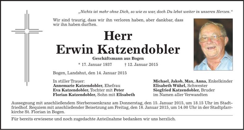 Traueranzeige Erwin Katzendobler