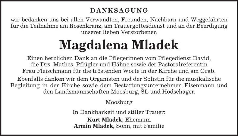 Traueranzeige Magdalena Mladek