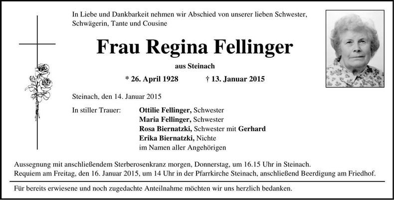 Traueranzeige Regina Fellinger