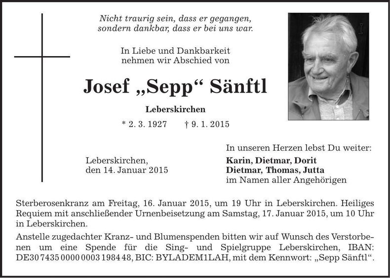 Traueranzeige Josef Sänftl